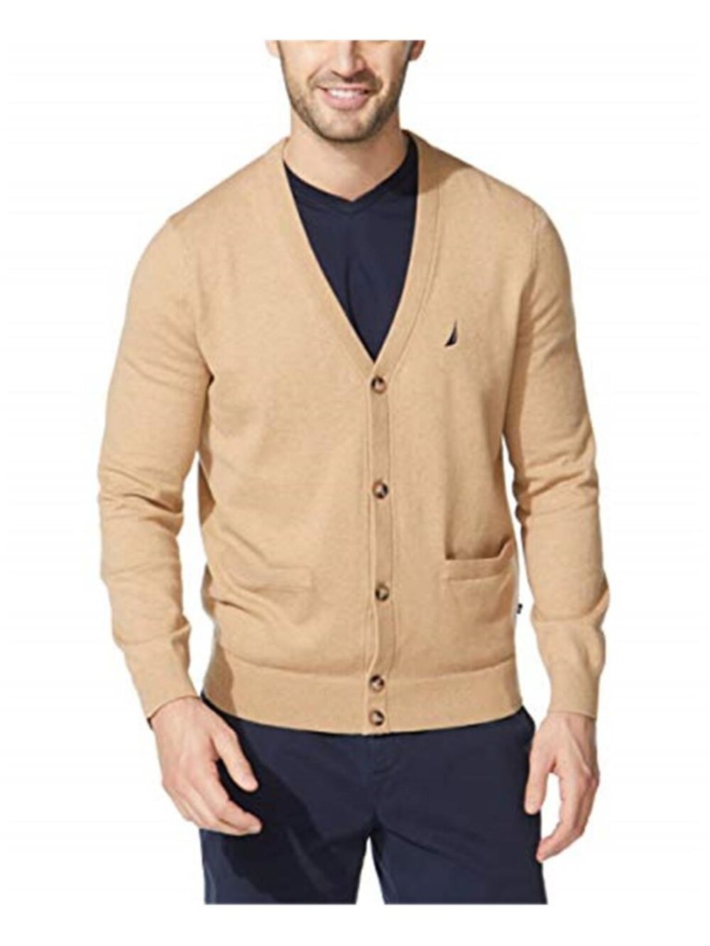Mens Cotton Knit Cardigan Sweater V Neck Button Front Classic Fit Long Sleeve